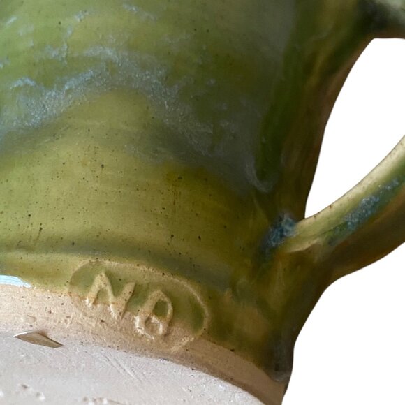 Handmade Artist Signed Green Ceramic 3D Turtle Mug Handle 4" Pottery Art - Picture 5 of 6